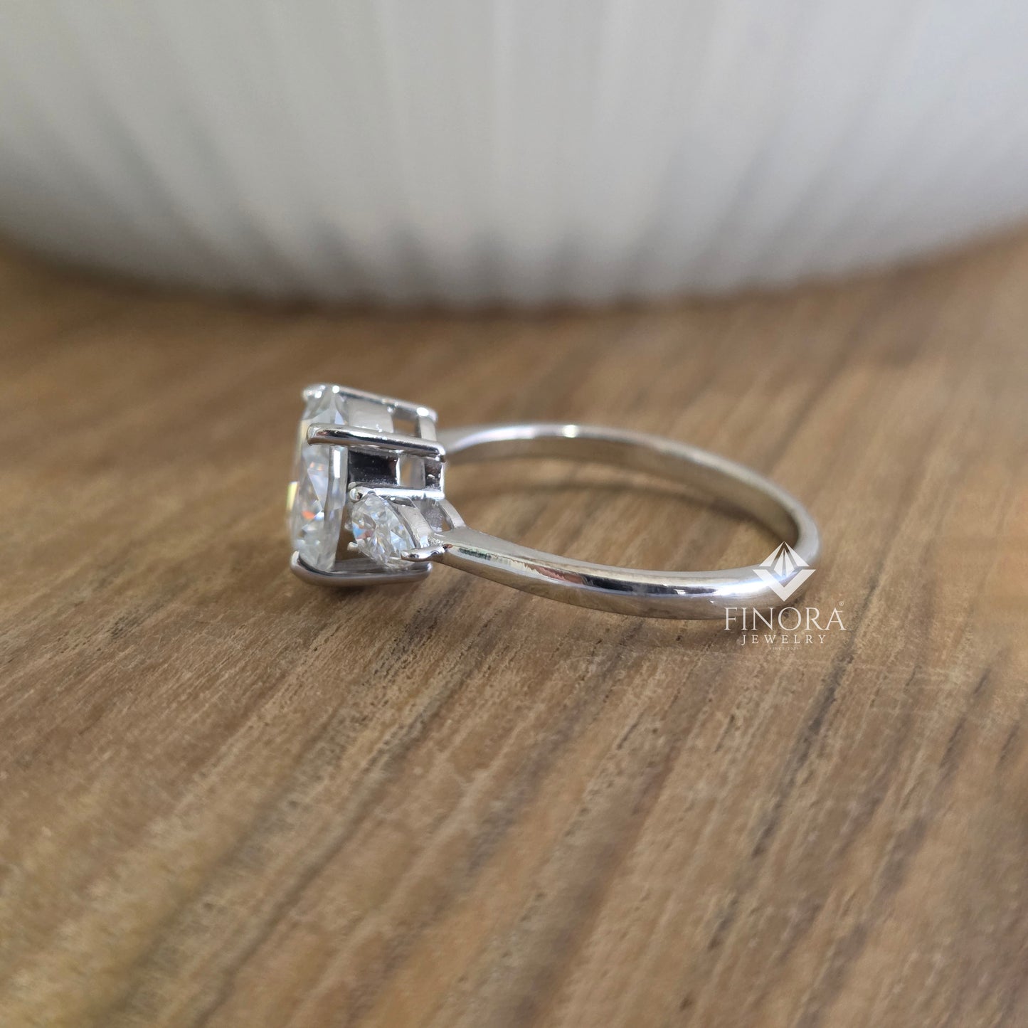 1.67 ct oval cut moissanite three stone engagement ring with pear side stones | 925 silver & 10k/14k gold | finora jewelry