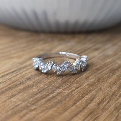 0.77 CT Round Cut Moissanite Chevron Band Ring | V Shape Wedding Band | 925 Silver & 10K/14K Gold | Finora Jewelry