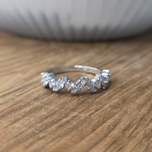 0.77 CT Round Cut Moissanite Chevron Band Ring | V Shape Wedding Band | 925 Silver & 10K/14K Gold | Finora Jewelry