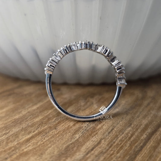 0.77 CT Round Cut Moissanite Chevron Band Ring | V Shape Wedding Band | 925 Silver & 10K/14K Gold | Finora Jewelry