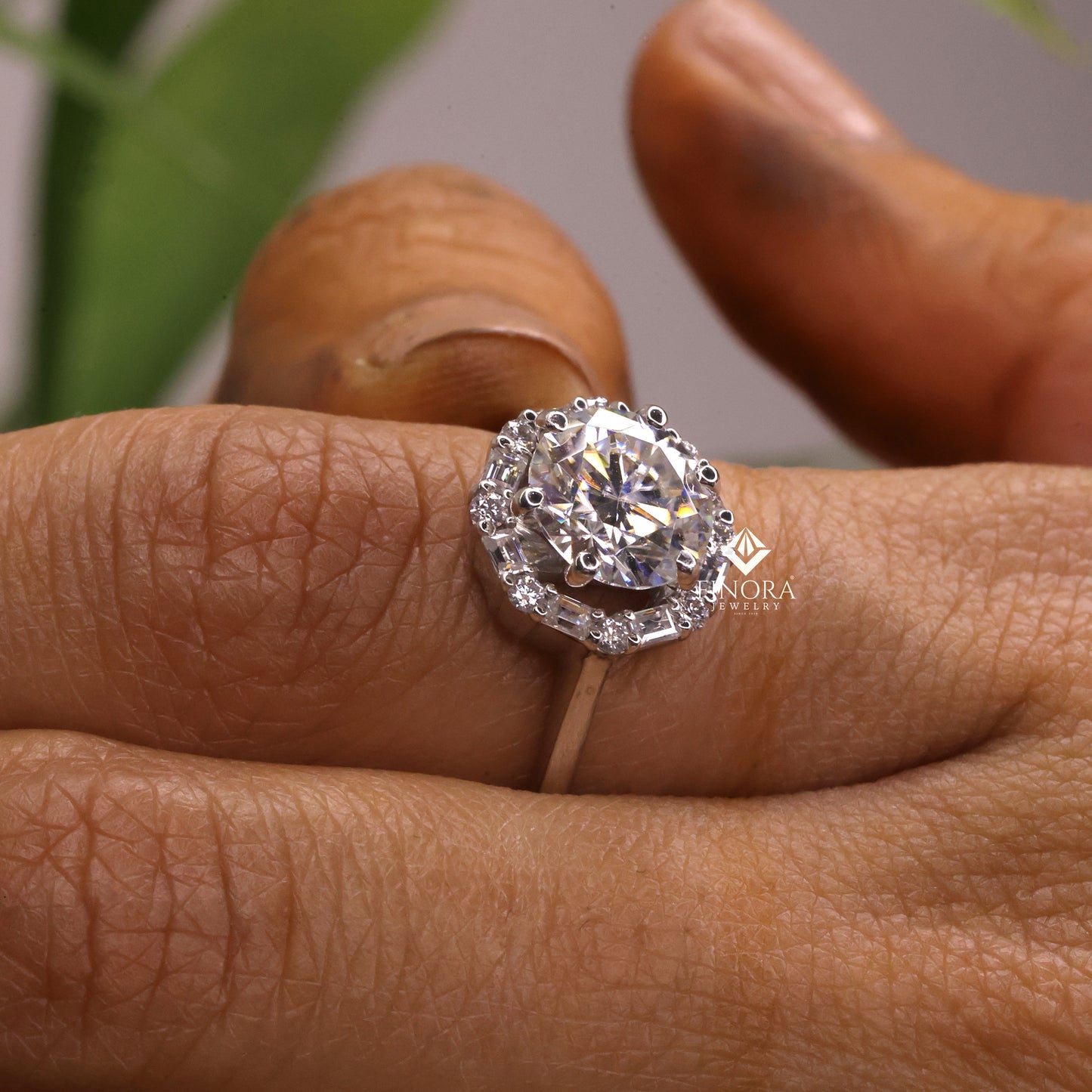 round cut moissanite halo engagement ring with baguette side stones in 925 silver, 10k & 14k gold – finora jewelry