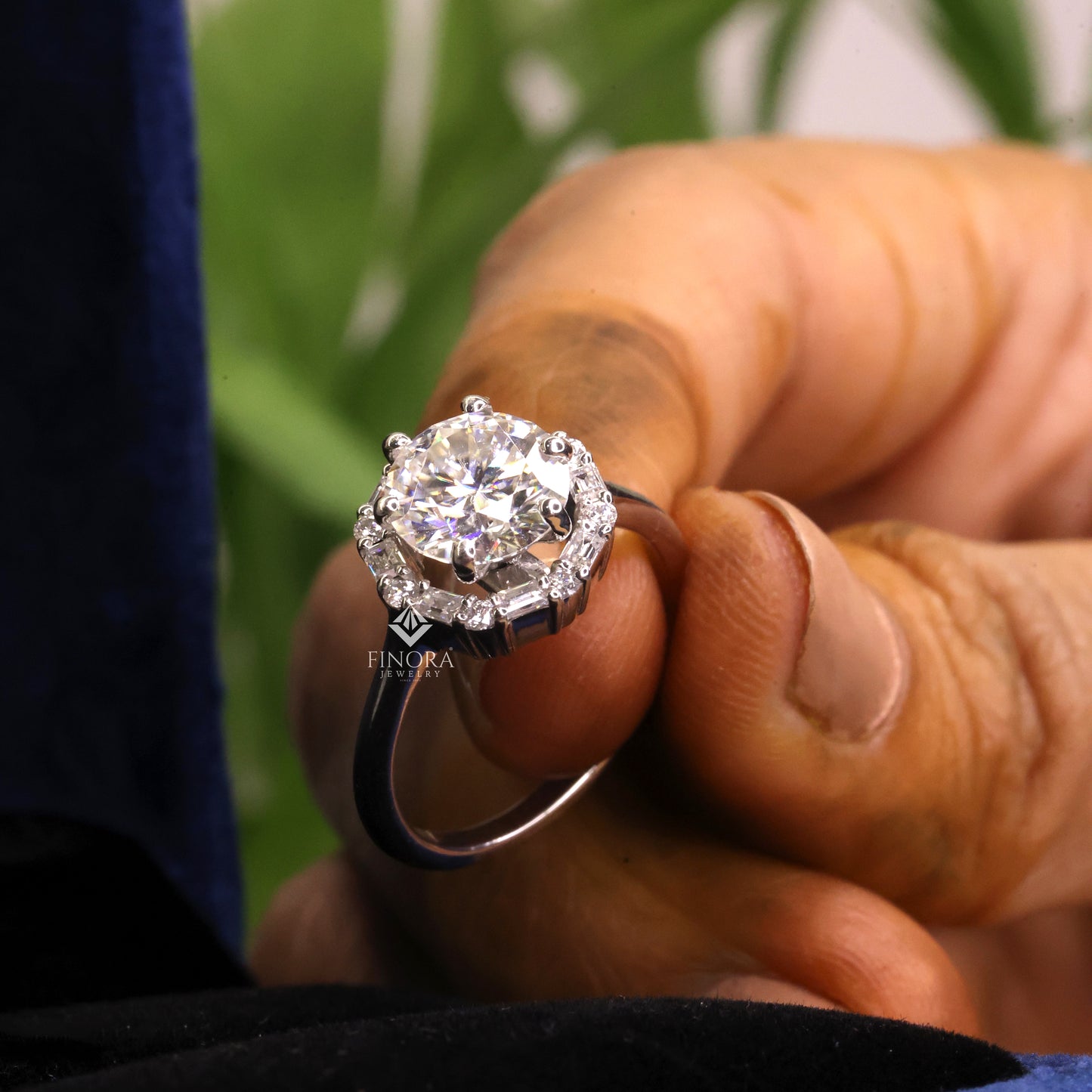 round cut moissanite halo engagement ring with baguette side stones in 925 silver, 10k & 14k gold – finora jewelry