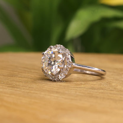 Round Cut Moissanite Halo Engagement Ring with Baguette Side Stones in 925 Silver, 10K & 14K Gold – Finora Jewelry