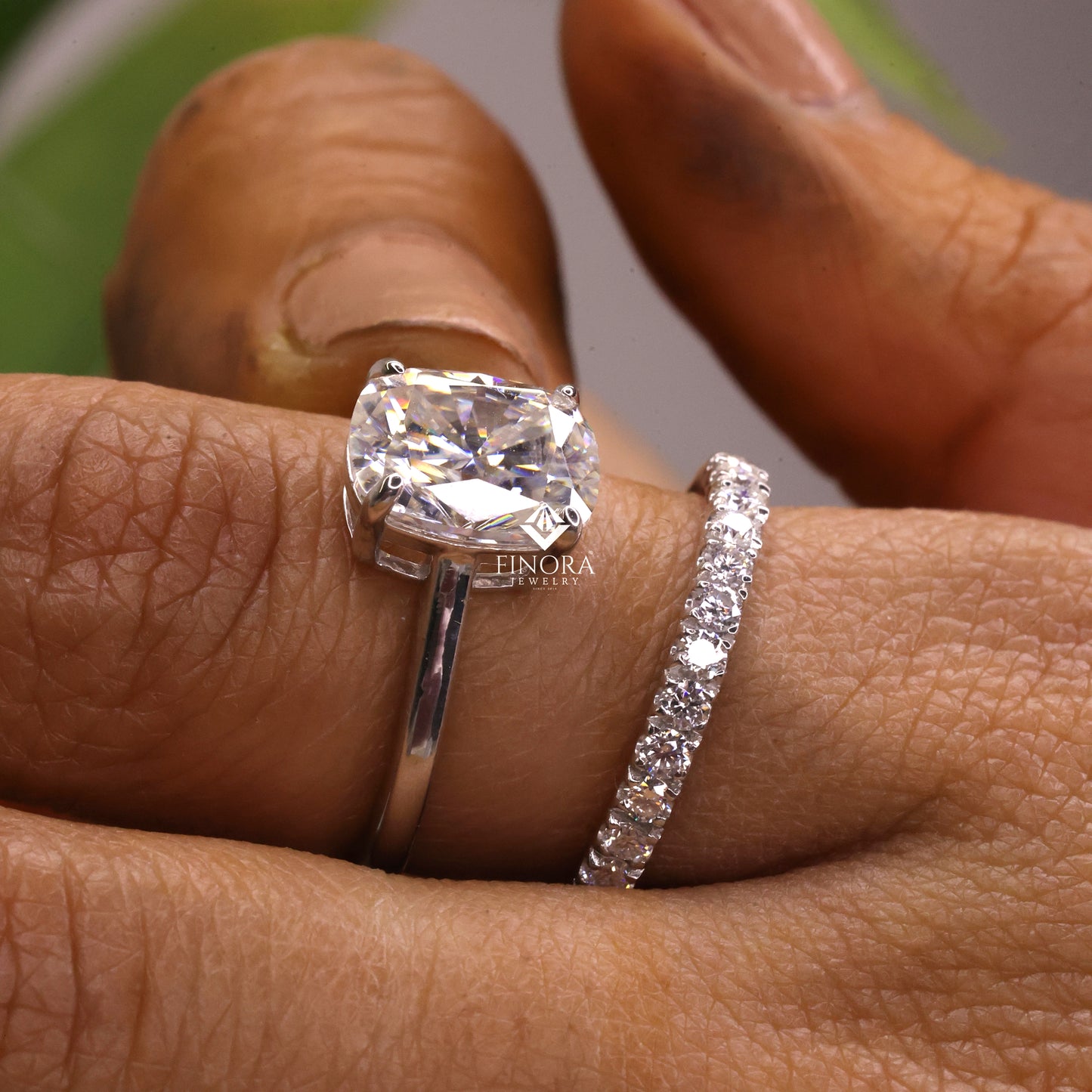 3.99 ct cushion cut moissanite engagement ring with pavé band | colorless vvs | 925 silver & gold | finora jewelry
