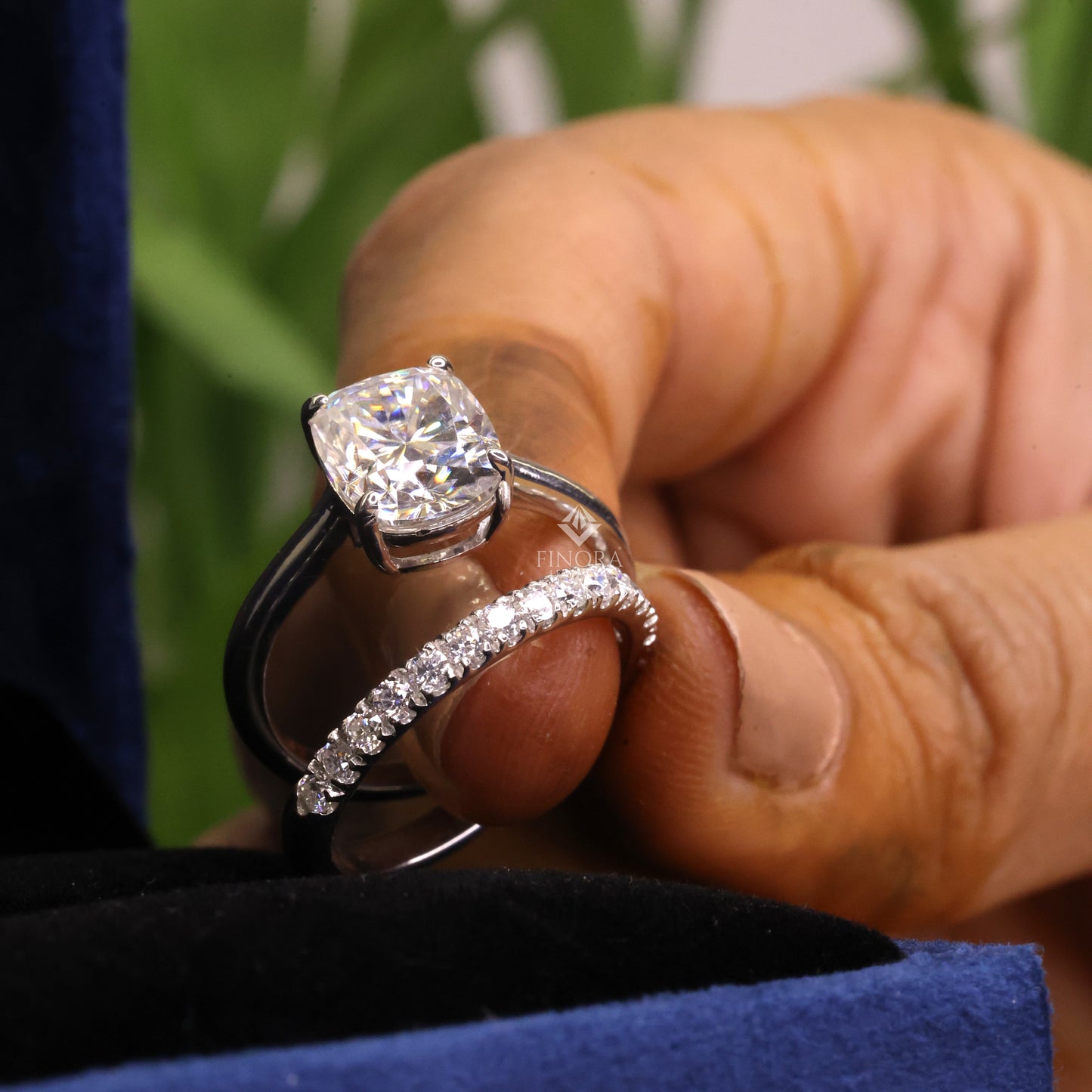 3.99 ct cushion cut moissanite engagement ring with pavé band | colorless vvs | 925 silver & gold | finora jewelry