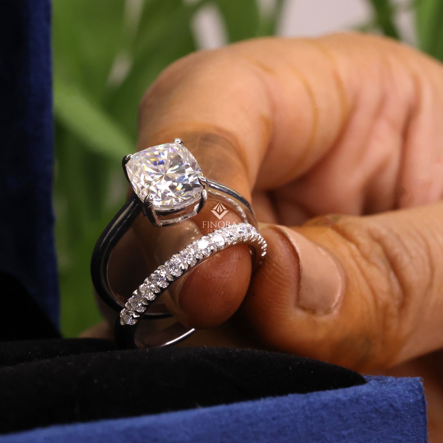 3.99 ct cushion cut moissanite engagement ring with pavé band | colorless vvs | 925 silver & gold | finora jewelry