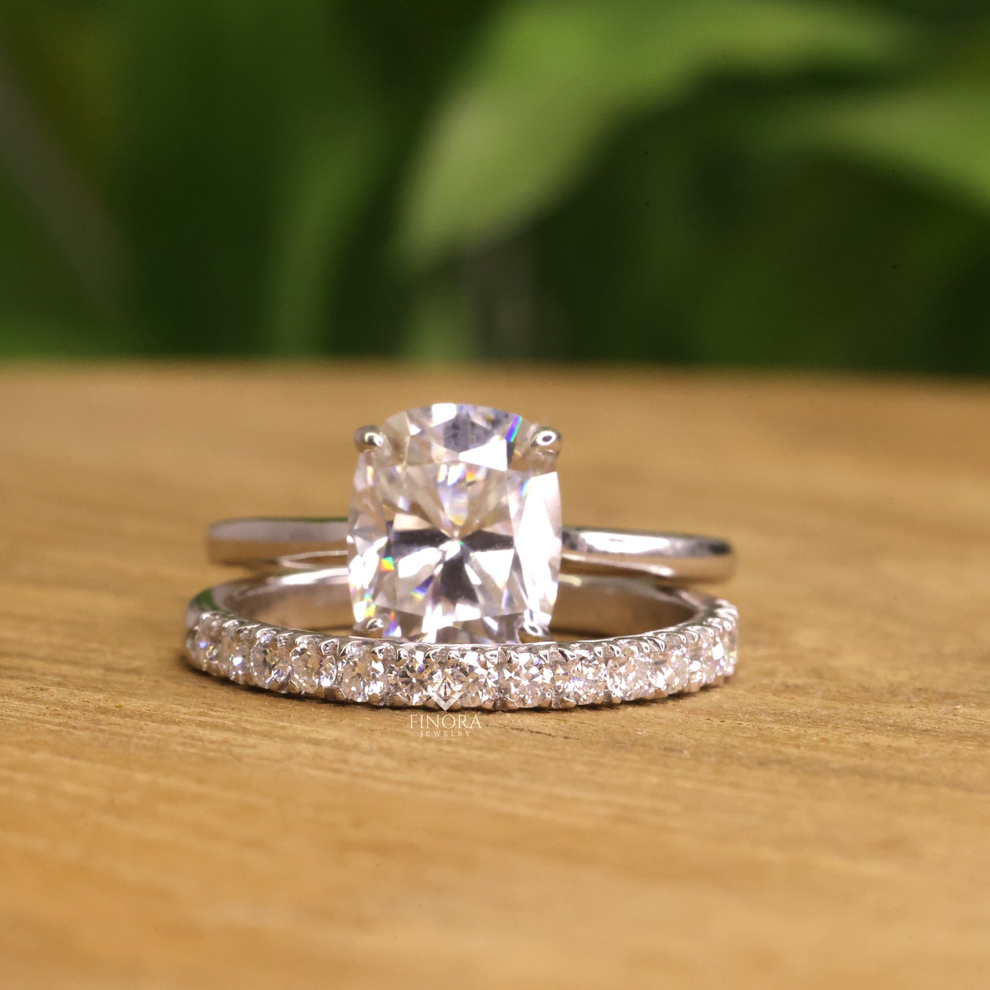 3.99 ct cushion cut moissanite engagement ring with pavé band | colorless vvs | 925 silver & gold | finora jewelry