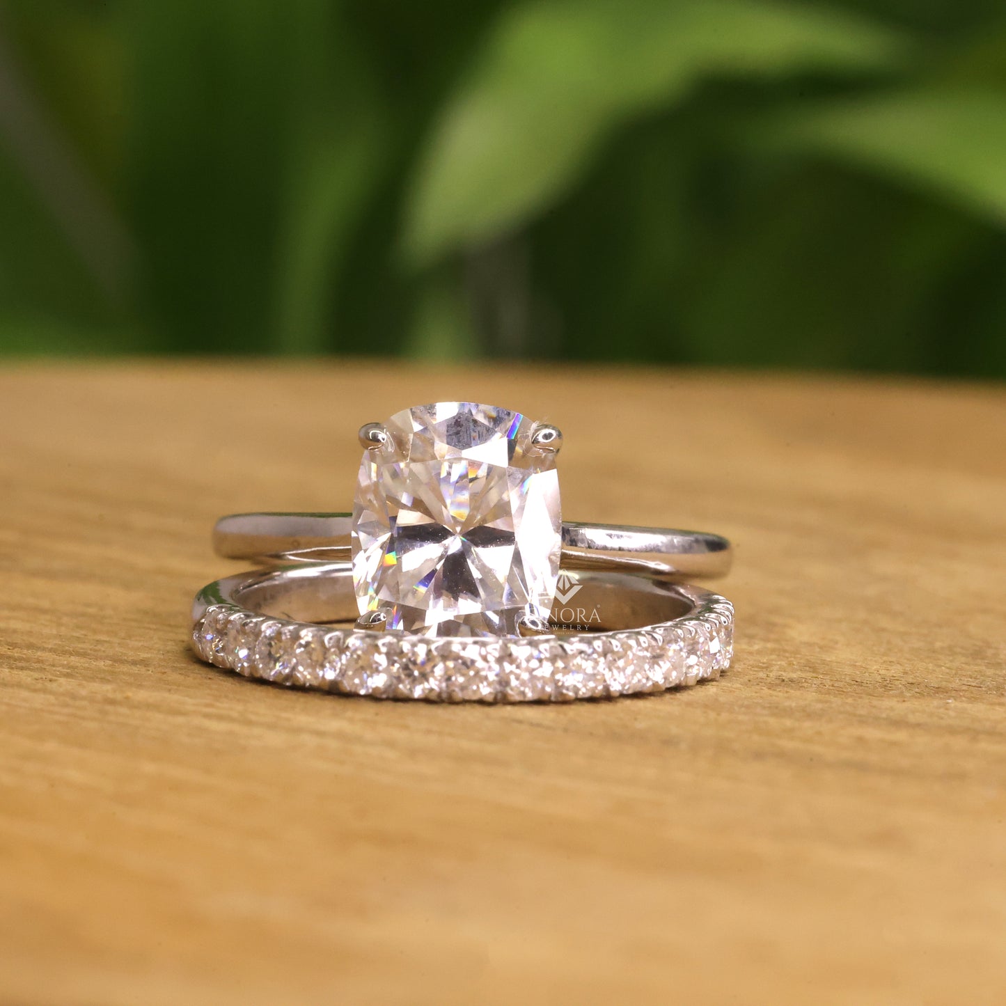 3.99 ct cushion cut moissanite engagement ring with pavé band | colorless vvs | 925 silver & gold | finora jewelry