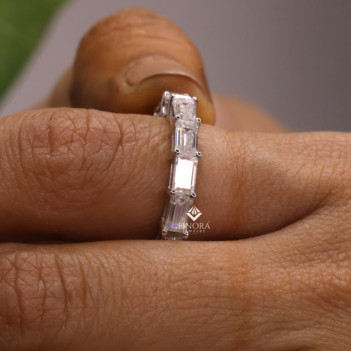 baguette cut moissanite eternity wedding band, stackable ring in 925 silver, 10k & 14k gold – finora jewelry