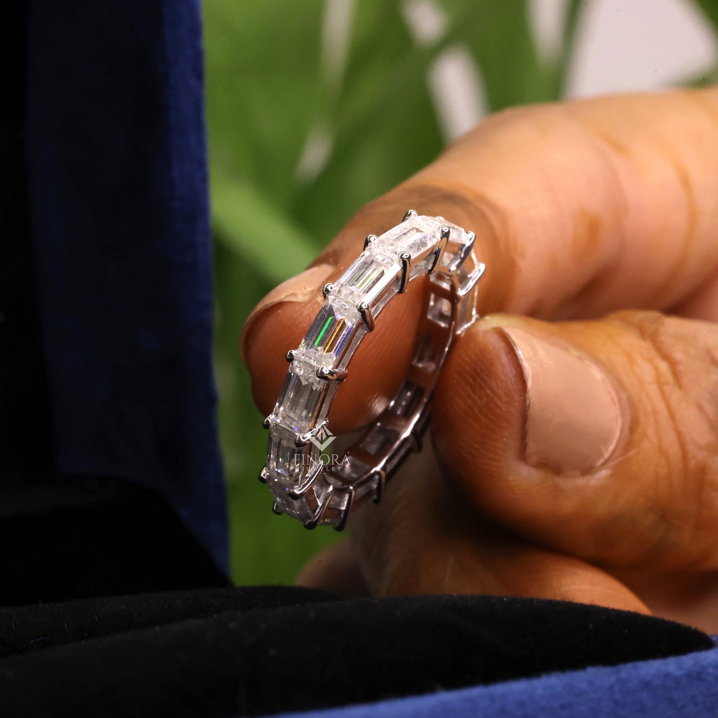 baguette cut moissanite eternity wedding band, stackable ring in 925 silver, 10k & 14k gold – finora jewelry