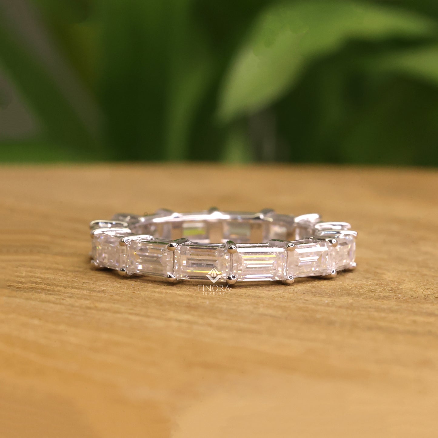 baguette cut moissanite eternity wedding band, stackable ring in 925 silver, 10k & 14k gold – finora jewelry