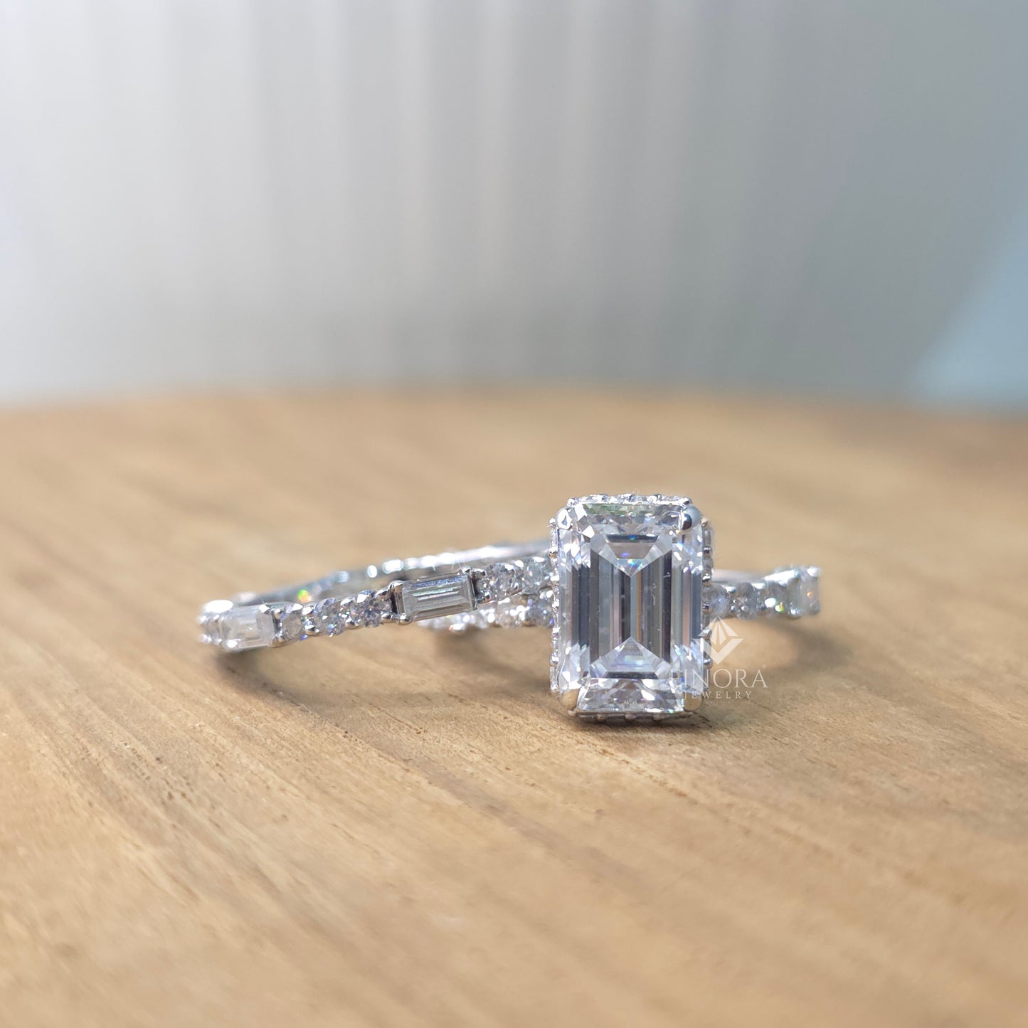 3.25 ct emerald cut moissanite bridal ring set
