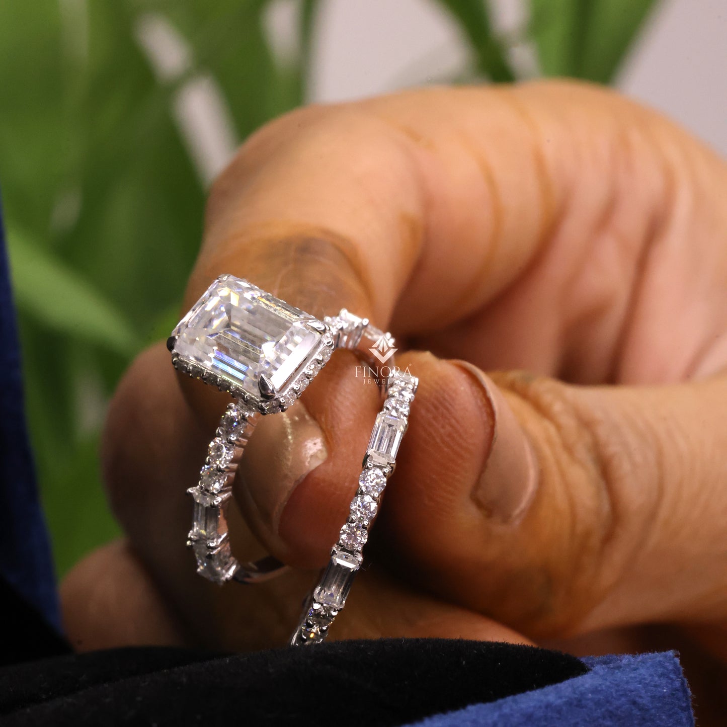 3.25 ct emerald cut moissanite bridal ring set | colorless vvs | baguette & round diamond band | finora jewelry