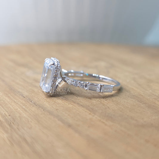 3.25 CT Emerald Cut Moissanite Bridal Ring Set | Colorless VVS | Baguette & Round Diamond Band | Finora Jewelry
