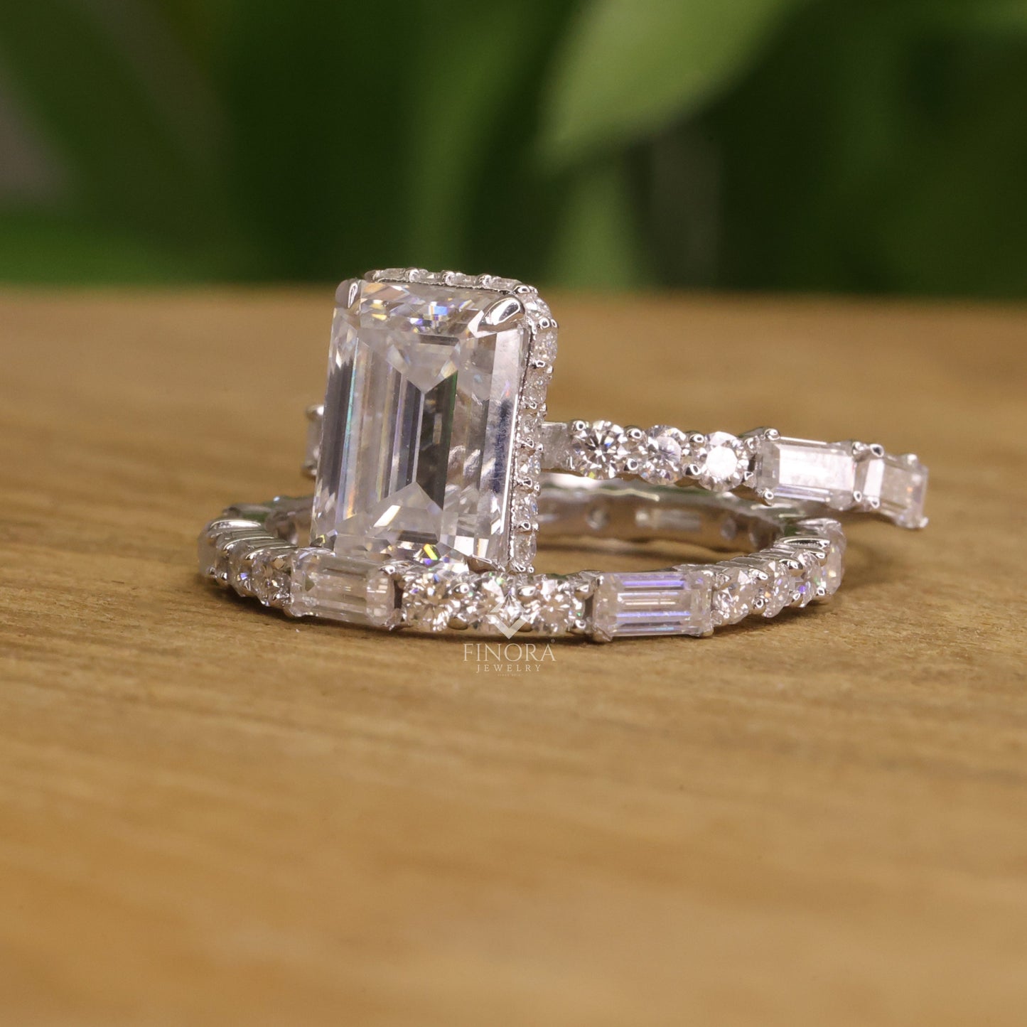 round & baguette cut moissanite half eternity wedding band, stackable ring – finora jewelry