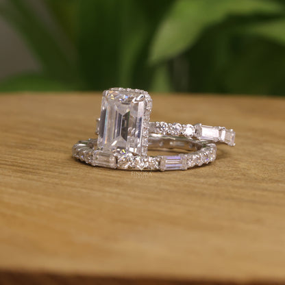 3.25 CT Emerald Cut Moissanite Bridal Ring Set | Colorless VVS | Baguette & Round Diamond Band | Finora Jewelry