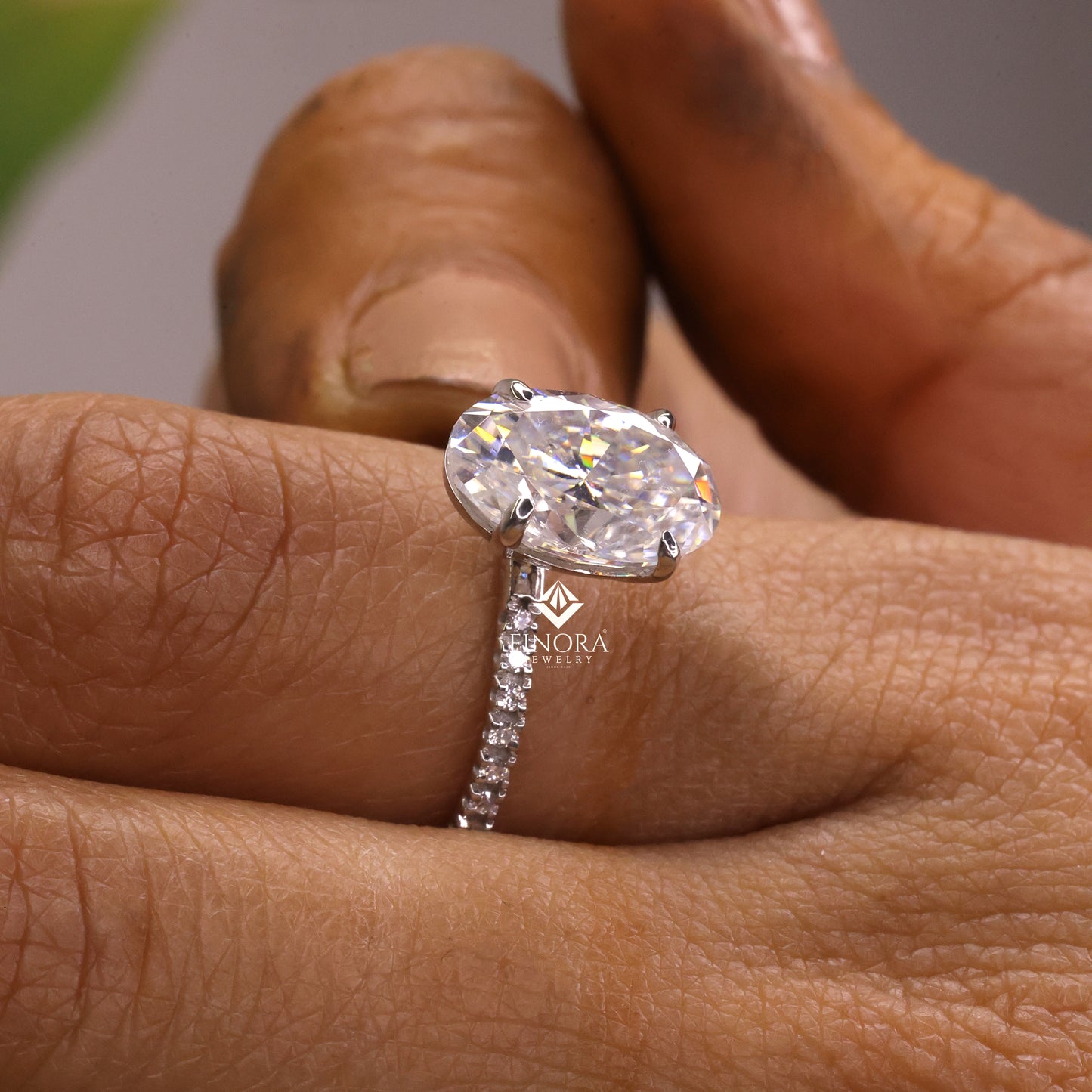 3.51 ct oval cut moissanite engagement ring | colorless vvs pavé band | 925 sterling silver | finora jewelry