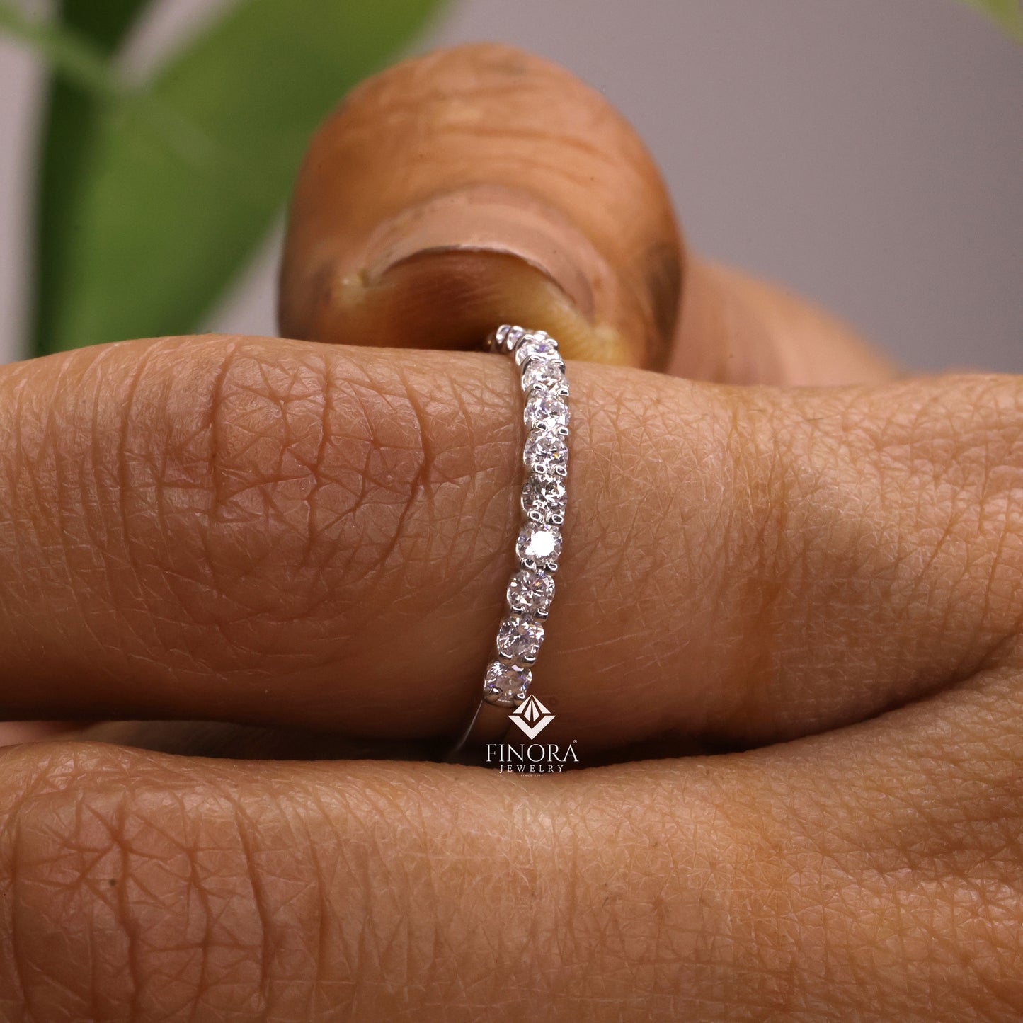 classic round cut moissanite half eternity wedding band, stackable minimal ring – finora jewelry