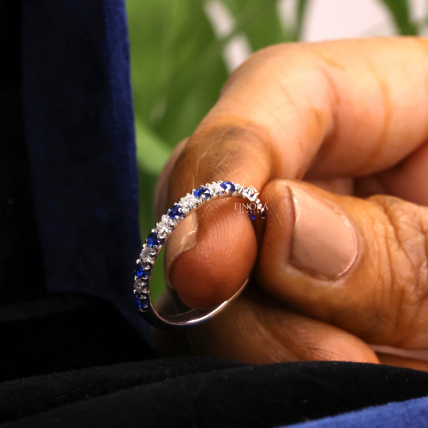 blue & white round cut moissanite half eternity wedding band, stackable ring – finora jewelry