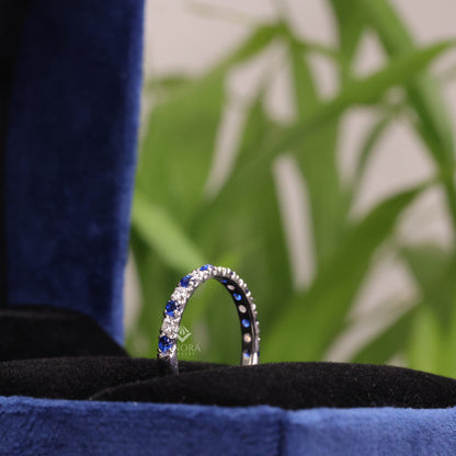 Blue & White Round Cut Moissanite Half Eternity Wedding Band, Stackable Ring – Finora Jewelry
