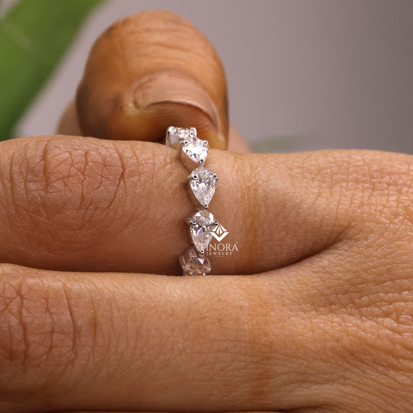 pear cut moissanite half eternity wedding band, stackable ring – finora jewelry