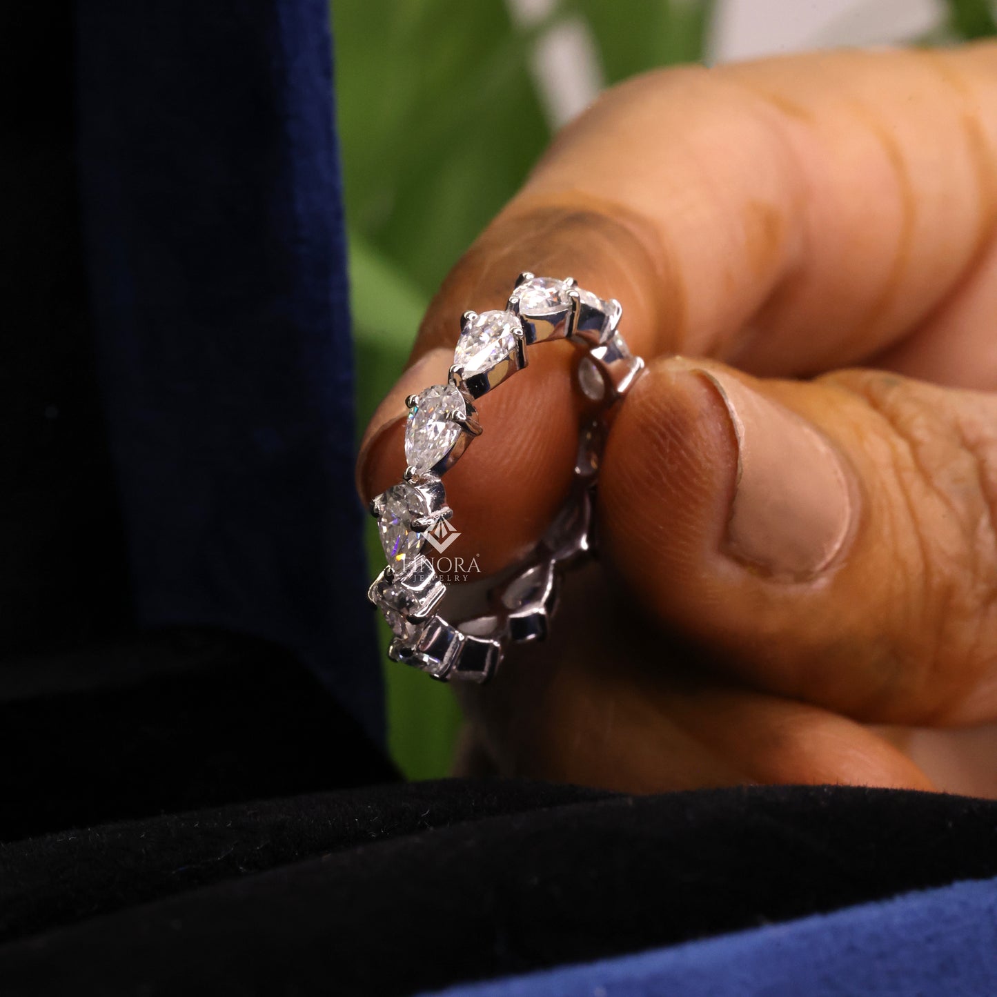 pear cut moissanite half eternity wedding band, stackable ring – finora jewelry