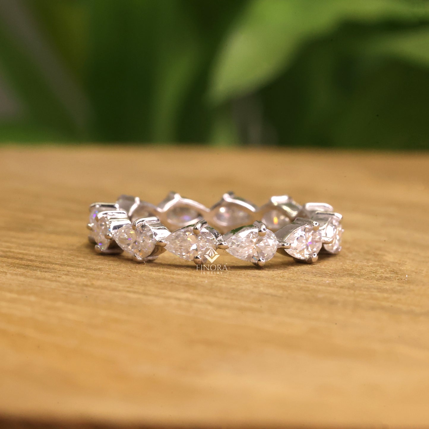 pear cut moissanite half eternity wedding band, stackable ring – finora jewelry