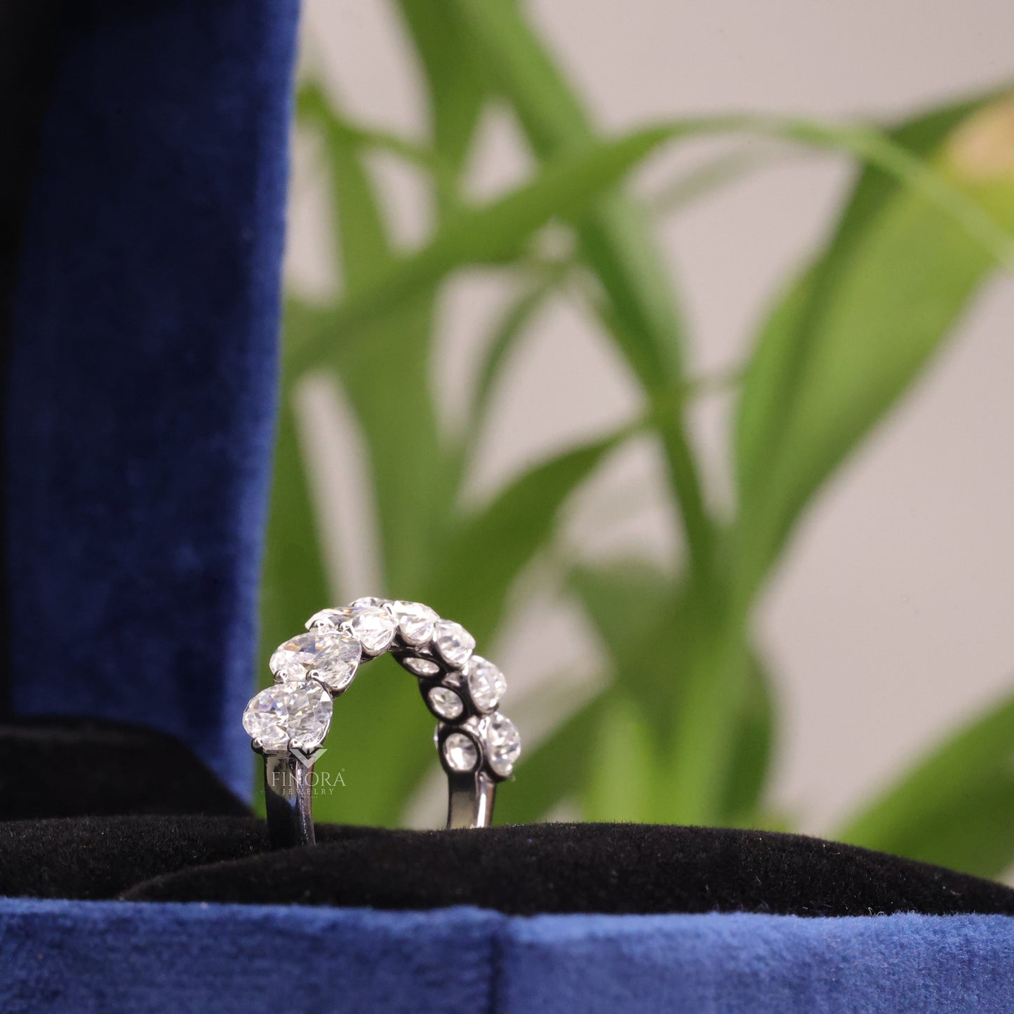 oval cut moissanite half eternity wedding band, stackable ring – finora jewelry