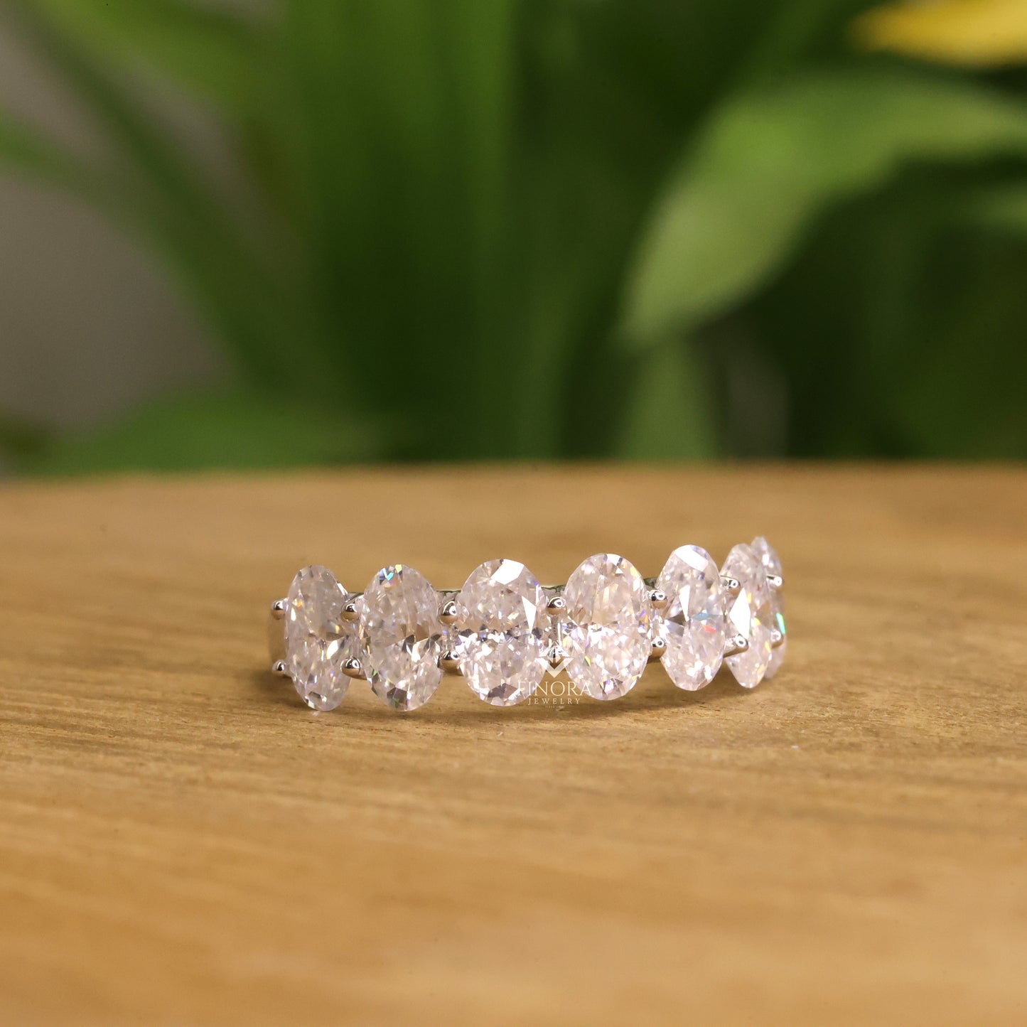 oval cut moissanite half eternity wedding band, stackable ring – finora jewelry