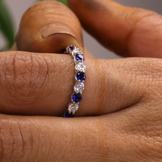 Blue & Colorless Round Cut Moissanite Full Eternity Wedding Band, Stackable Ring – Finora Jewelry