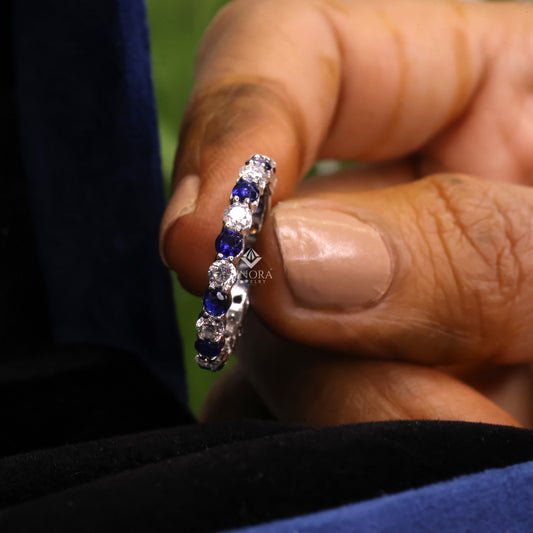 Blue & Colorless Round Cut Moissanite Full Eternity Wedding Band, Stackable Ring – Finora Jewelry