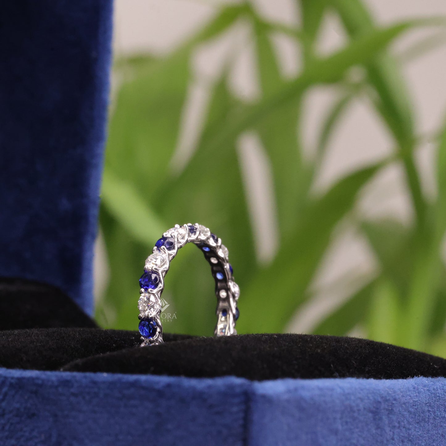 blue & colorless round cut moissanite full eternity wedding band, stackable ring – finora jewelry