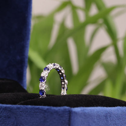 Blue & Colorless Round Cut Moissanite Full Eternity Wedding Band, Stackable Ring – Finora Jewelry