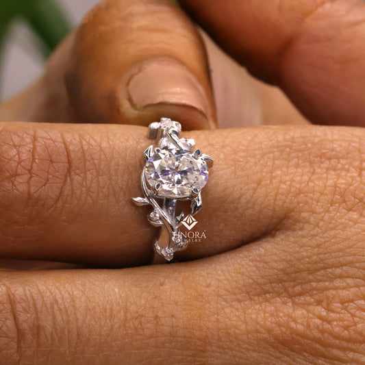 Oval Cut Moissanite Nature-Inspired Engagement Ring, Floral Vine Design – Finora Jewelry
