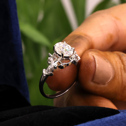 Oval Cut Moissanite Nature-Inspired Engagement Ring, Floral Vine Design – Finora Jewelry
