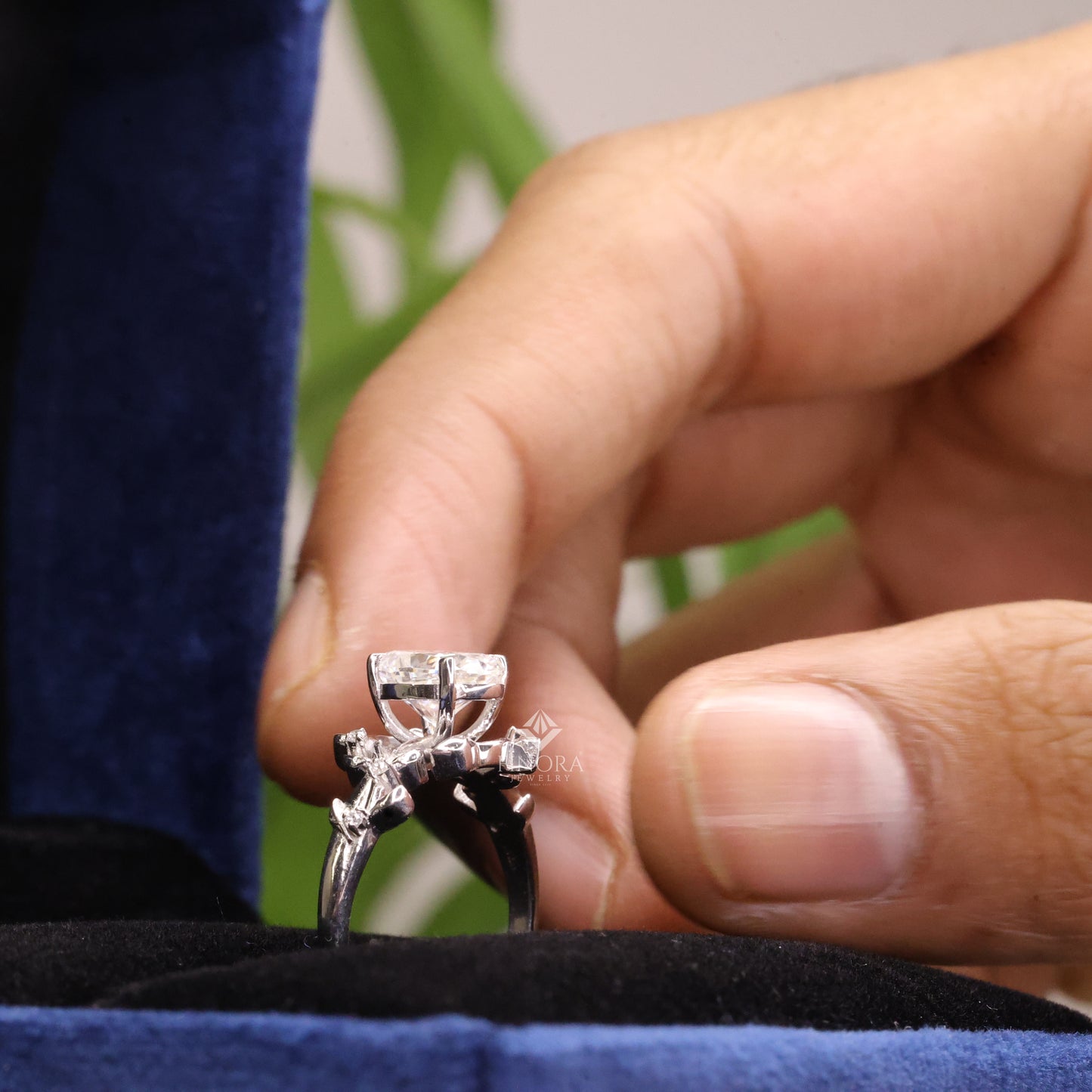 oval cut moissanite nature-inspired engagement ring, floral vine design – finora jewelry