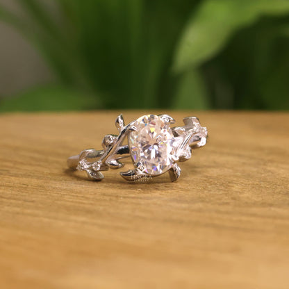 Oval Cut Moissanite Nature-Inspired Engagement Ring, Floral Vine Design – Finora Jewelry