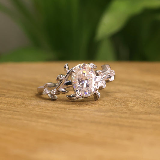 Oval Cut Moissanite Nature-Inspired Engagement Ring, Floral Vine Design – Finora Jewelry