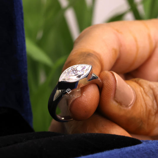 Marquise Cut Moissanite Solitaire Engagement Ring, Modern Bezel Set – Finora Jewelry