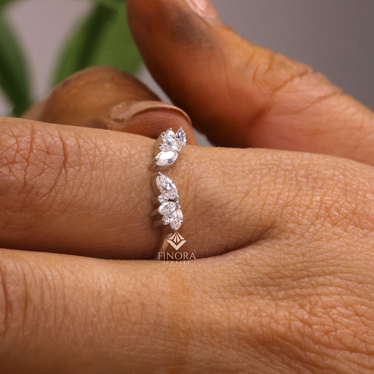 marquise & round cut moissanite open wedding band, leaf inspired stackable ring – finora jewelry