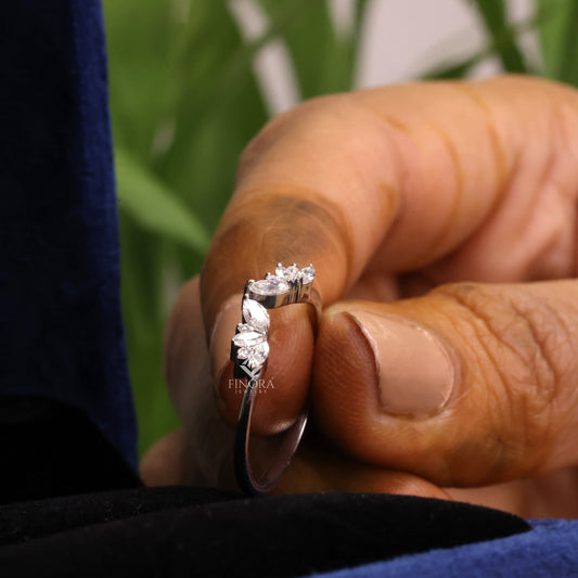 Marquise & Round Cut Moissanite Open Wedding Band, Leaf Inspired Stackable Ring – Finora Jewelry