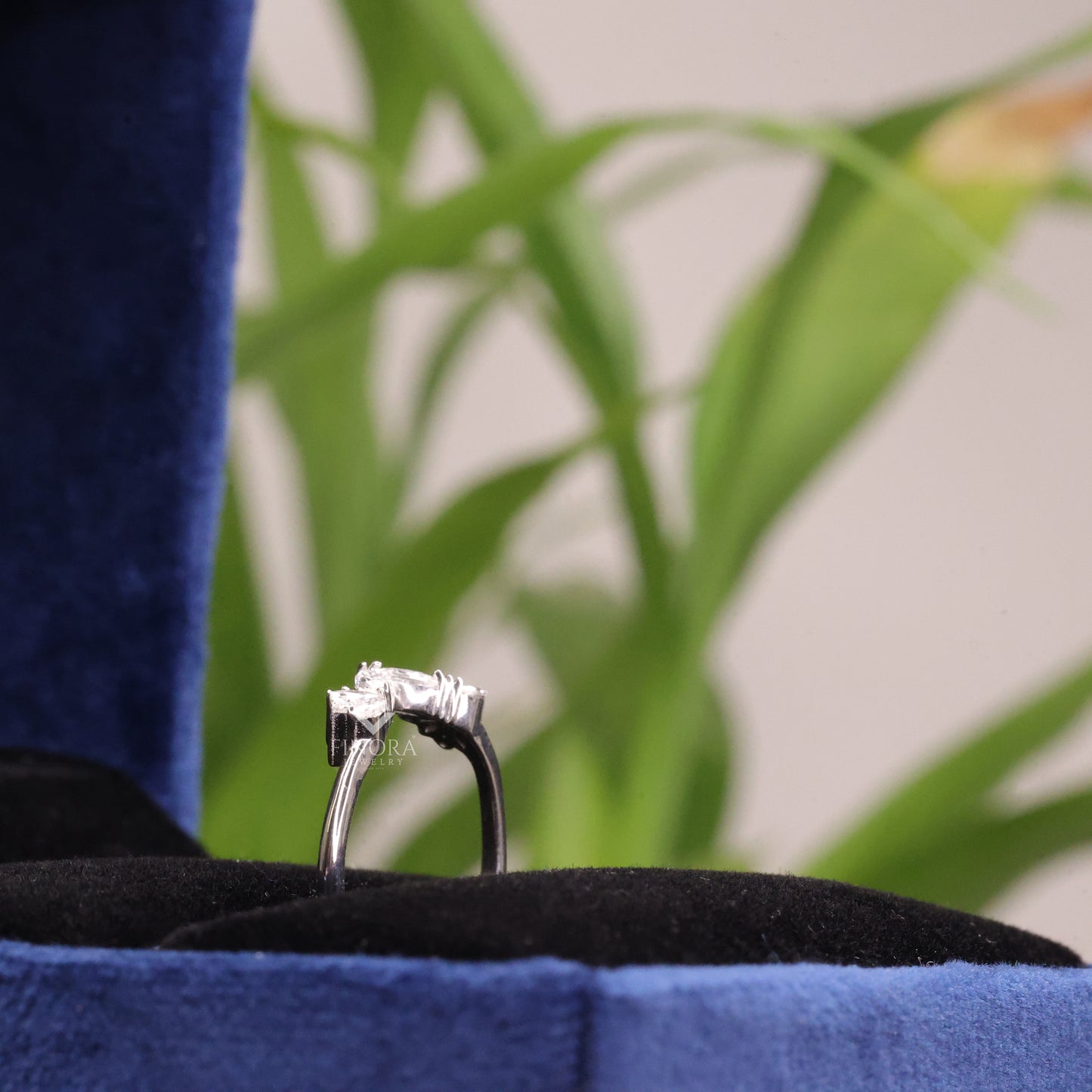 marquise & round cut moissanite open wedding band, leaf inspired stackable ring – finora jewelry