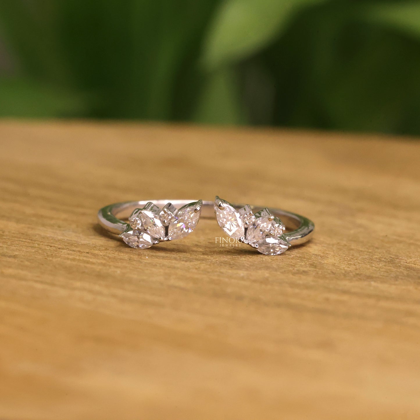 marquise & round cut moissanite open wedding band, leaf inspired stackable ring – finora jewelry