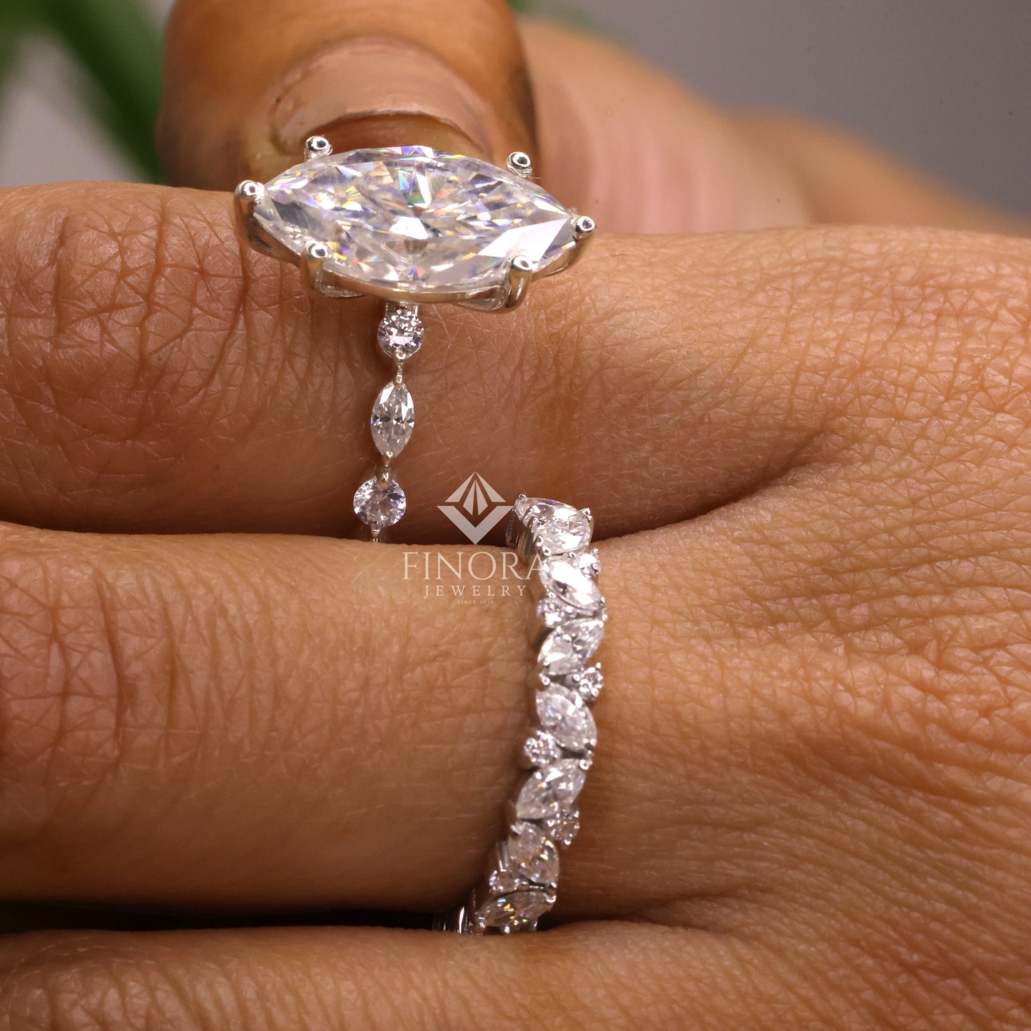 marquise cut moissanite engagement ring set with matching band, vintage leaf design – finora jewelry