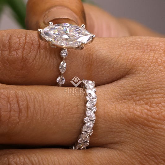 Marquise Cut Moissanite Engagement Ring Set with Matching Band, Vintage Leaf Design – Finora Jewelry