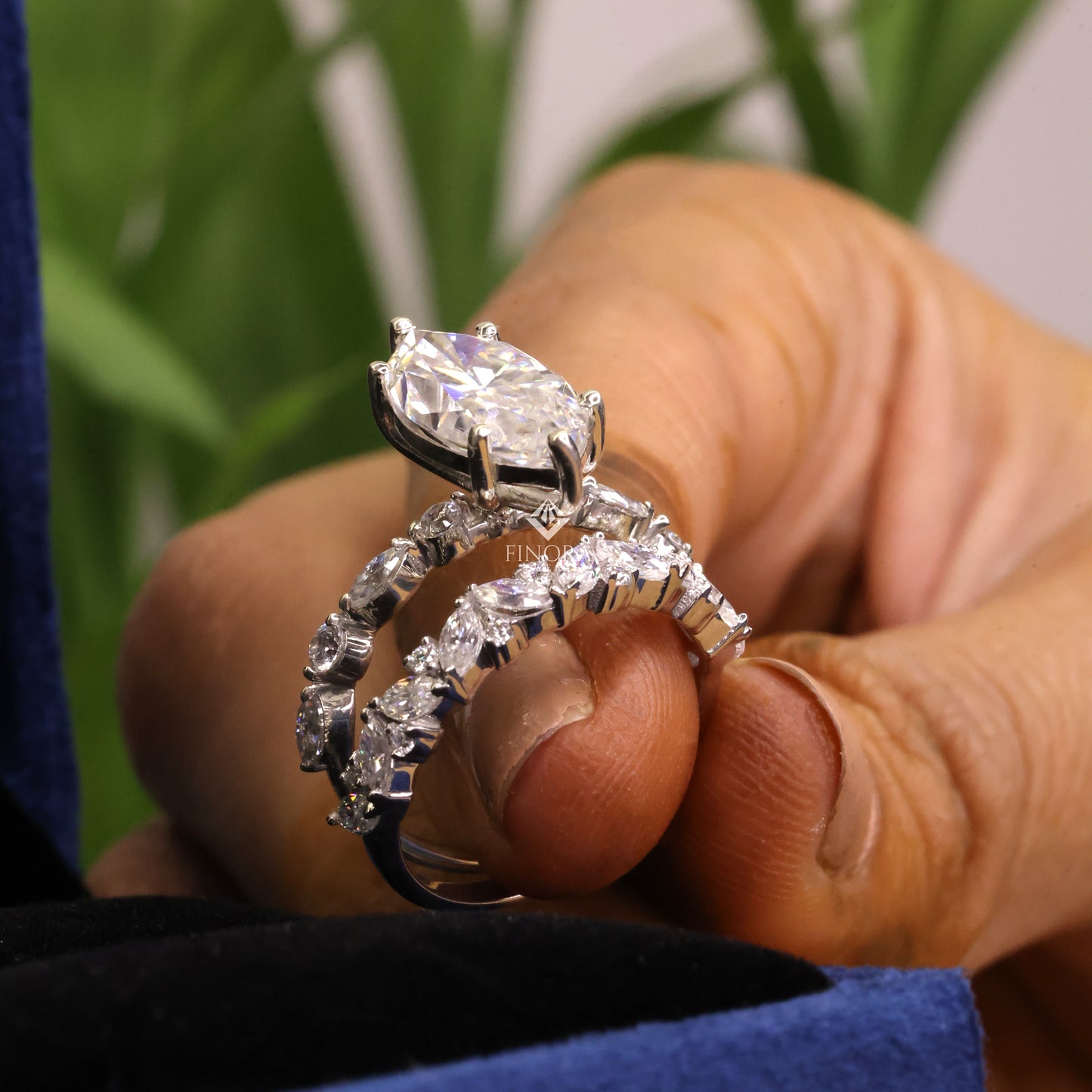 marquise cut moissanite engagement ring set with matching band, vintage leaf design – finora jewelry