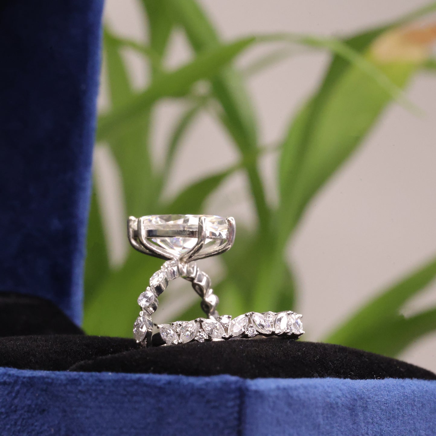 marquise cut moissanite engagement ring set with matching band, vintage leaf design – finora jewelry