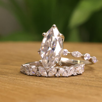 Marquise Cut Moissanite Engagement Ring Set with Matching Band, Vintage Leaf Design – Finora Jewelry