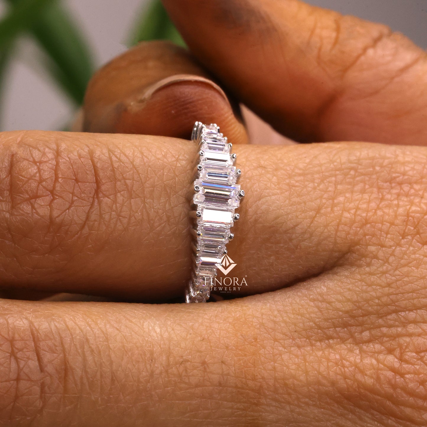 baguette & princess cut moissanite wedding band, modern half eternity ring – finora jewelry