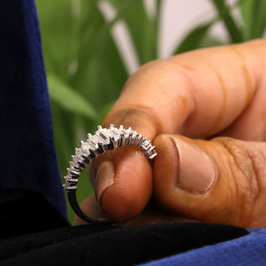 Baguette & Princess Cut Moissanite Wedding Band, Modern Half Eternity Ring – Finora Jewelry